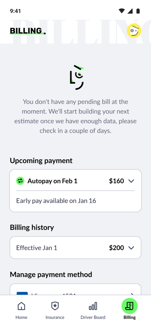 Novo Driver App Billing screen: upcoming autopay, billing history, and managed payment methods