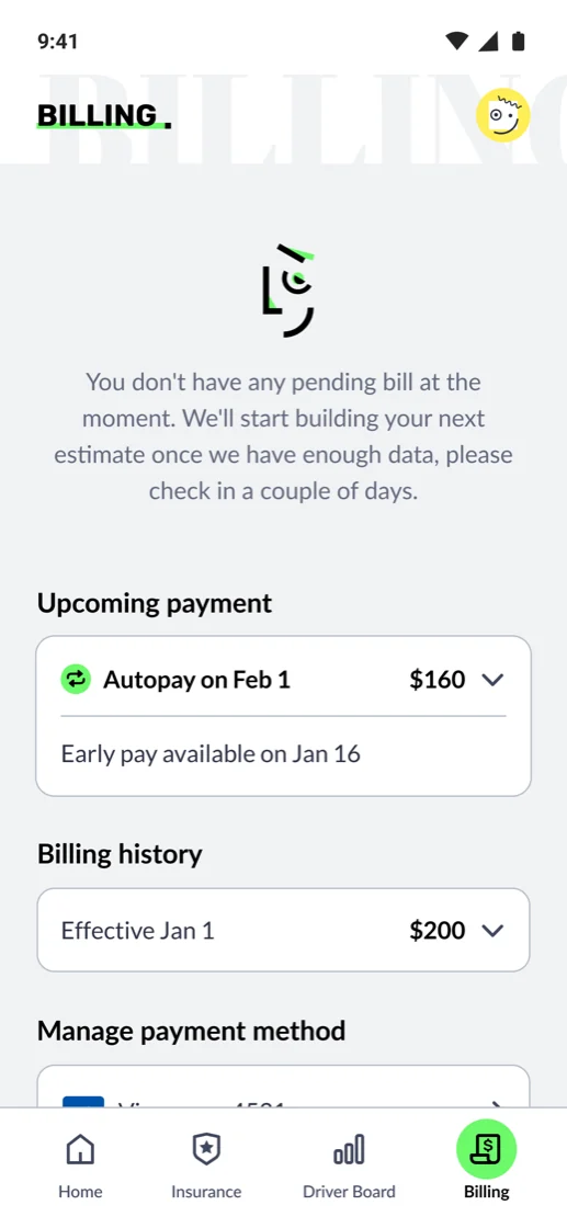 Novo Driver App Billing screen: upcoming autopay, billing history, and managed payment methods