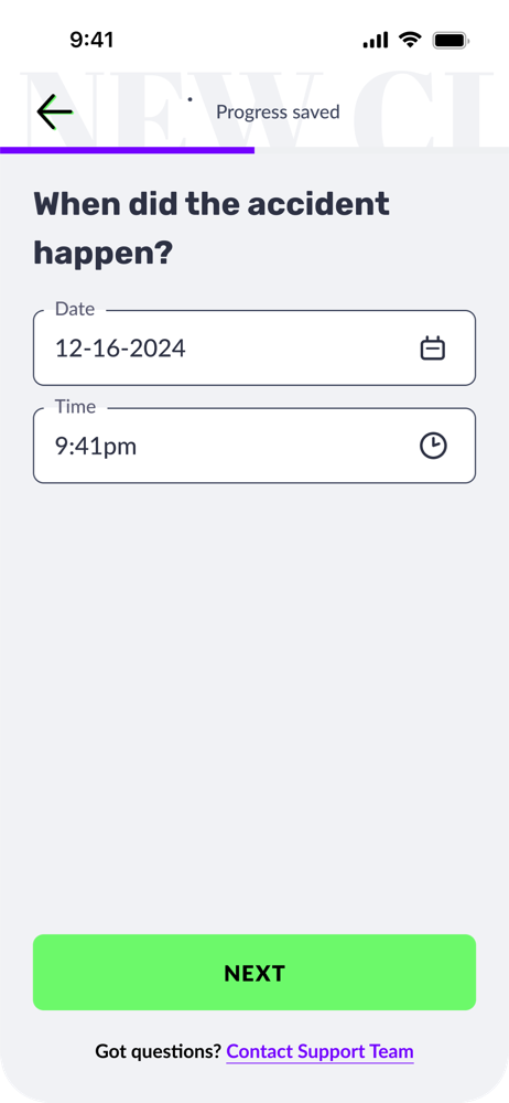 Claims flow screen: when did the accident happen, date and time inputs