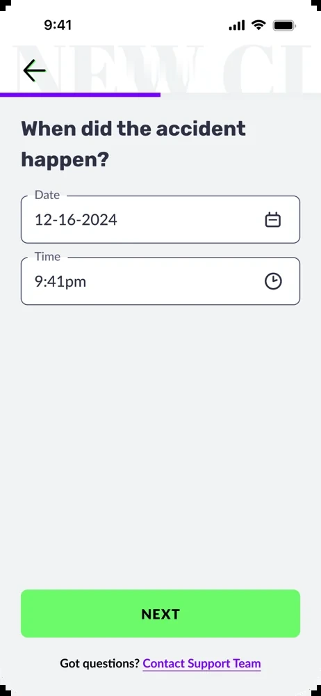 Claims flow screen: when did the accident happen, date and time inputs