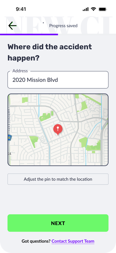 Claims flow screen: where did the accident happen, address field with map and adjustable pin