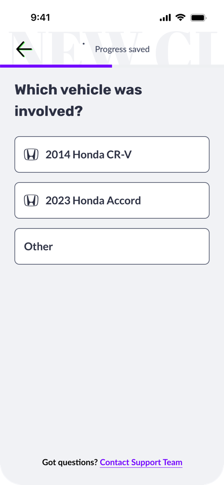 Claims flow screen: which vehicle was involved, choosing between policy vehicles or other