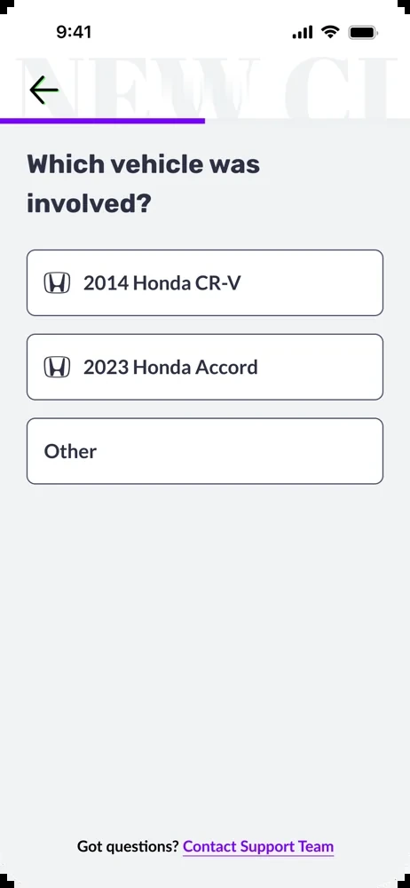 Claims flow screen: which vehicle was involved, choosing between policy vehicles or other