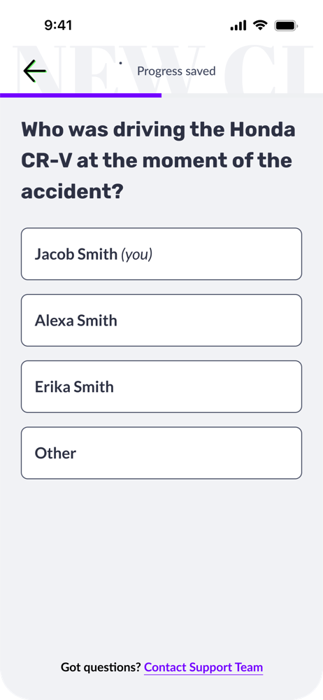 Claims flow screen: who was driving the vehicle at the moment of the accident