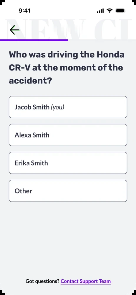 Claims flow screen: who was driving the vehicle at the moment of the accident