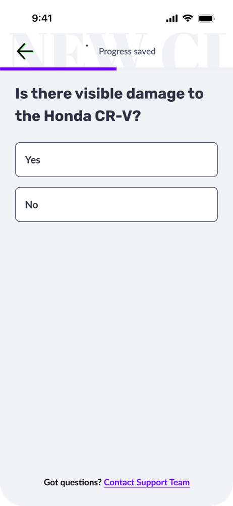 Claims flow screen: is there visible damage to the vehicle, yes or no