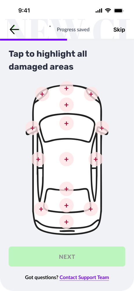 Claims flow screen: tap to highlight all damaged areas on a top-down diagram of the car