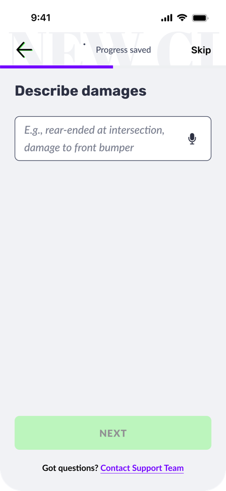 Claims flow screen: describe damages free-text field with voice input