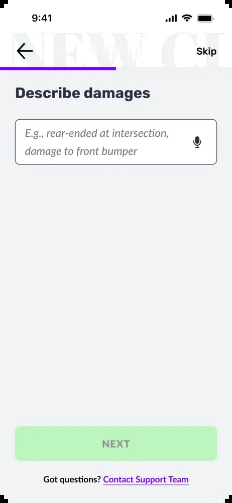 Claims flow screen: describe damages free-text field with voice input