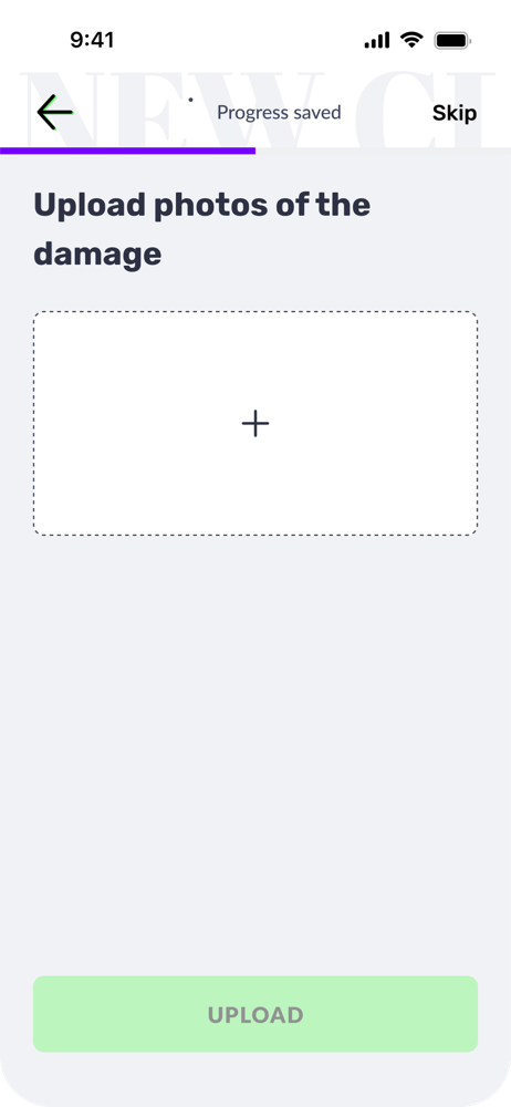 Claims flow screen: upload photos of the damage