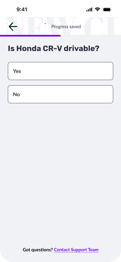 Claims flow screen: is the vehicle drivable, yes or no