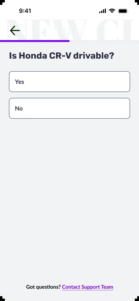 Claims flow screen: is the vehicle drivable, yes or no