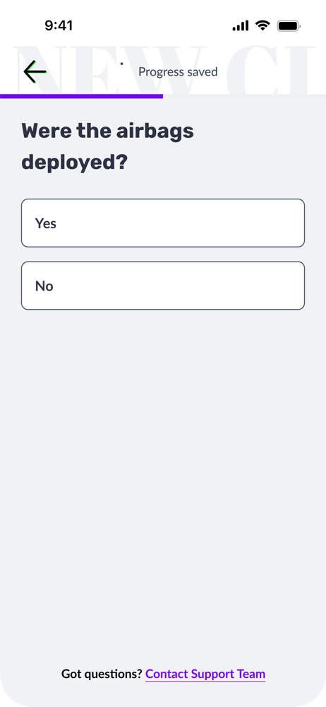 Claims flow screen: were the airbags deployed, yes or no