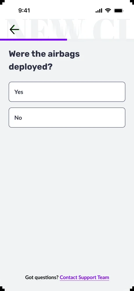 Claims flow screen: were the airbags deployed, yes or no