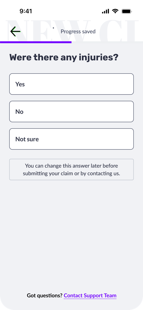 Claims flow screen: were there any injuries, yes, no, or not sure