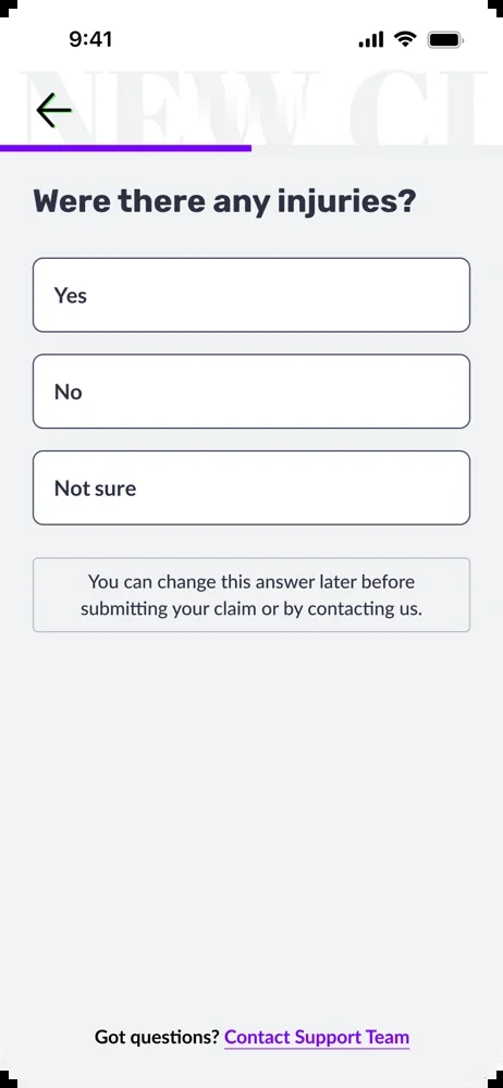 Claims flow screen: were there any injuries, yes, no, or not sure
