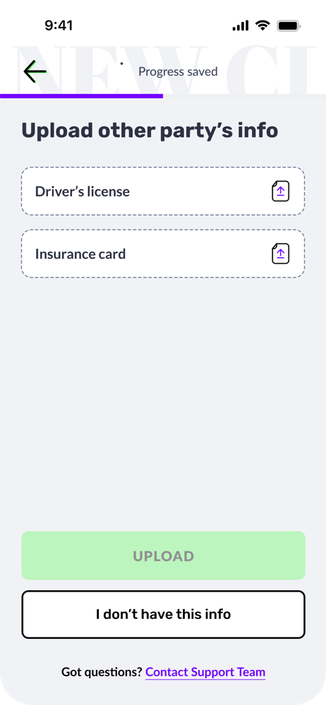 Claims flow screen: upload the other party's driver license and insurance card
