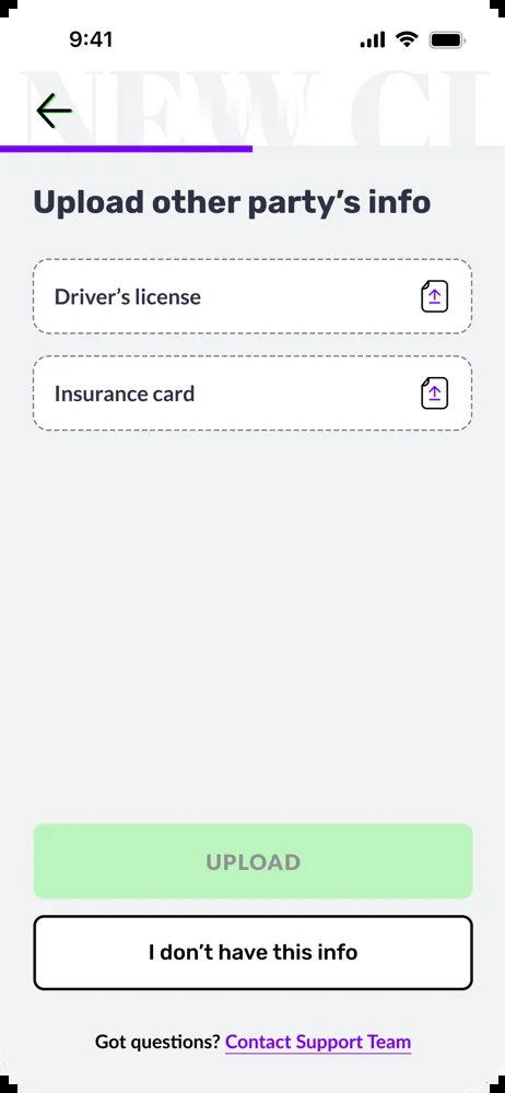 Claims flow screen: upload the other party's driver license and insurance card