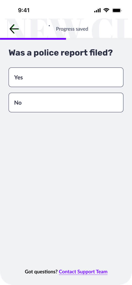 Claims flow screen: was a police report filed, yes or no