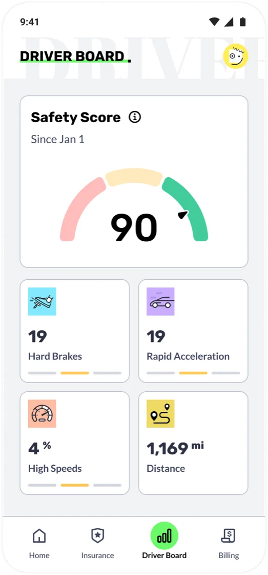Novo Driver App Driver Board screen: a Safety Score of 90 with breakdown cards for hard brakes, rapid acceleration, high speeds, and distance driven