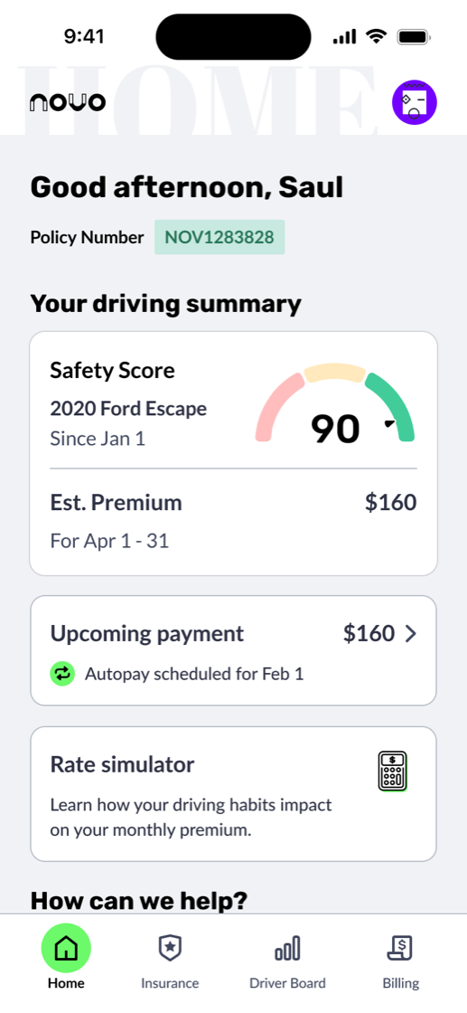 Novo Driver App home screen: driving summary with a live Safety Score of 90, estimated premium, upcoming payment, and rate simulator