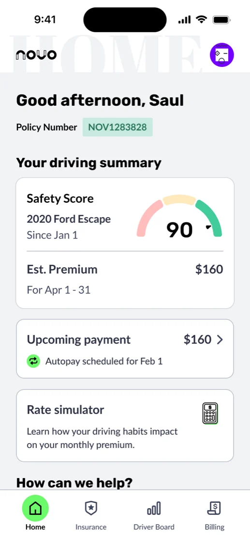 Novo Driver App home screen: driving summary with a live Safety Score of 90, estimated premium, upcoming payment, and rate simulator