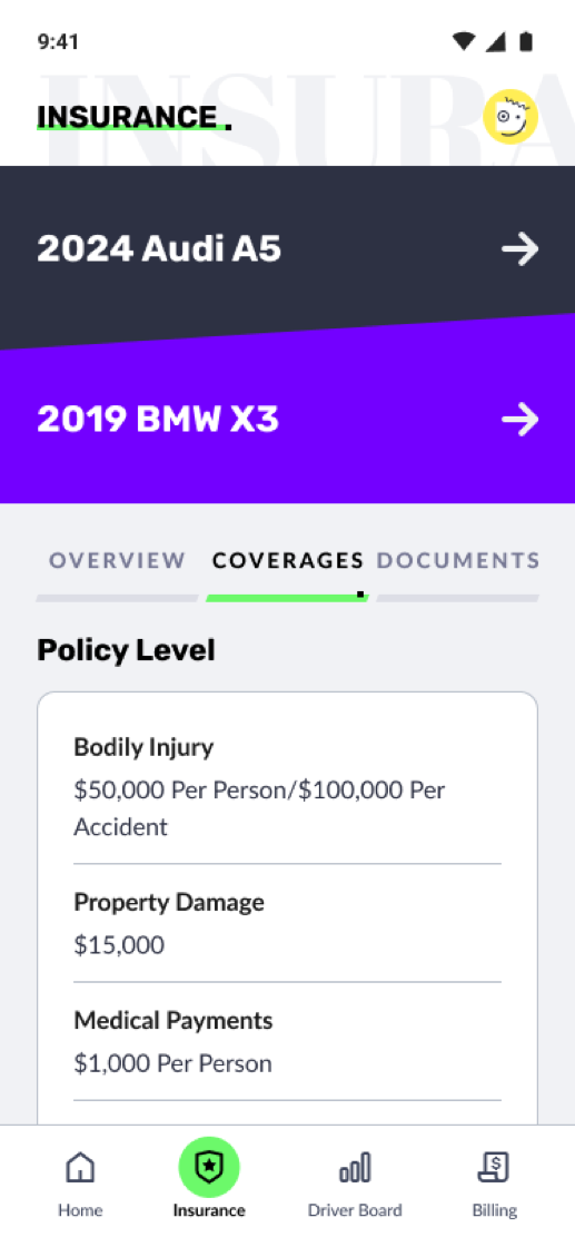 Novo Driver App Insurance screen: policy vehicles with coverage details for bodily injury, property damage, and medical payments