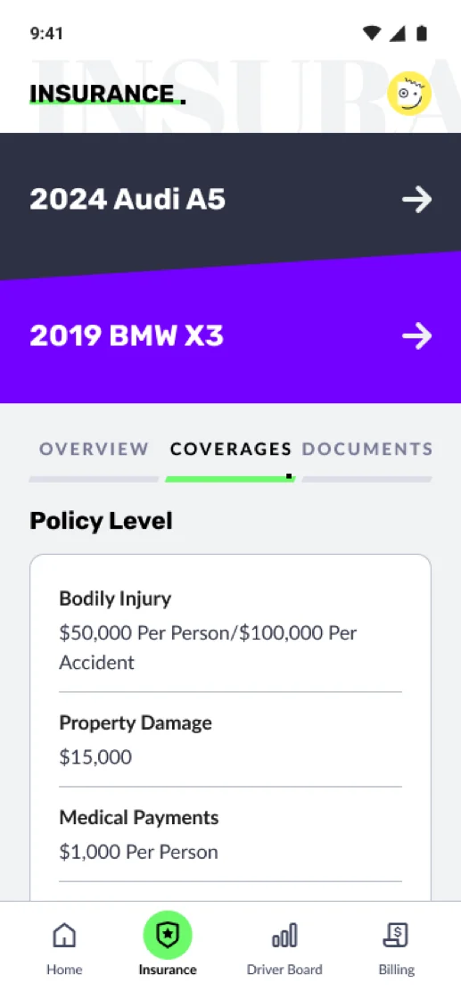 Novo Driver App Insurance screen: policy vehicles with coverage details for bodily injury, property damage, and medical payments