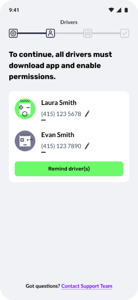 Multi-driver setup screen: all drivers must download the app and enable permissions, with a remind drivers action