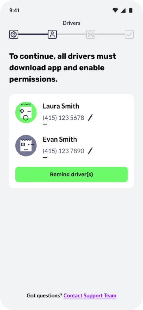 Setup screen: all drivers must download the app and enable permissions, with a Remind drivers button.