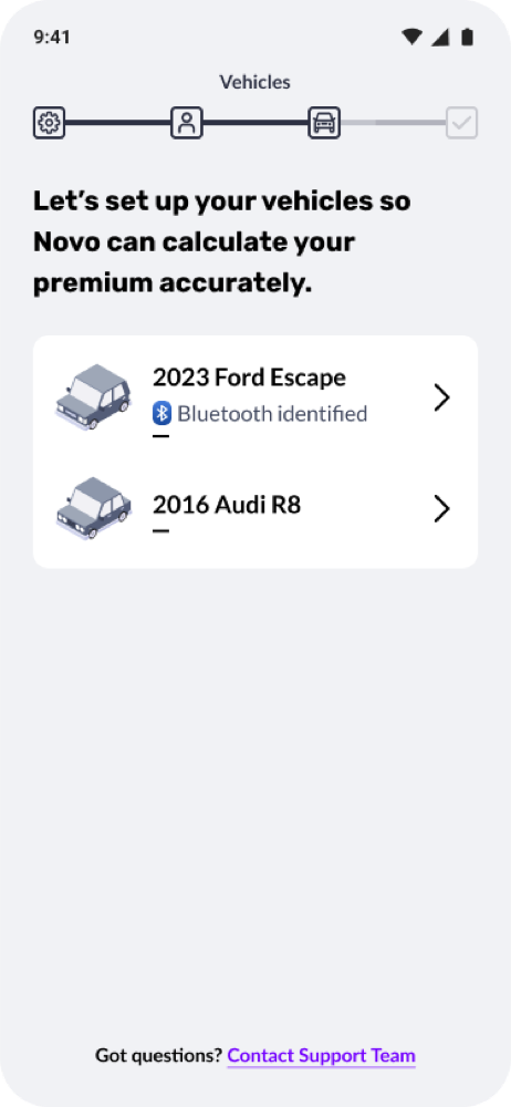 Multi-driver setup screen: pairing each vehicle so Novo can calculate the premium accurately