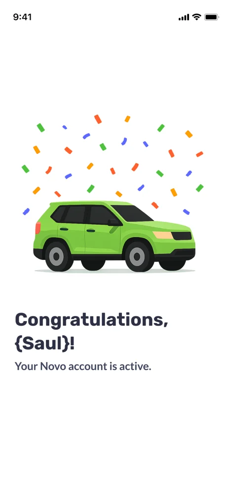 Congratulations screen: the Novo account is active.