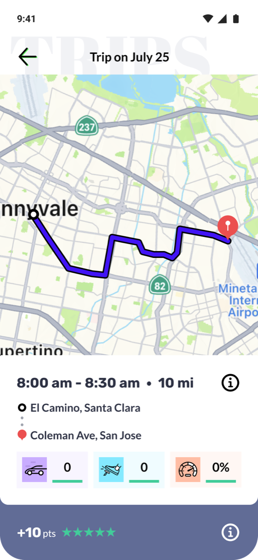 Novo Driver App trip detail screen: a mapped route with time, distance, event counts, a 5-star rating, and points earned