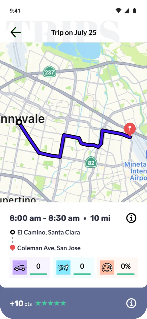 Novo Driver App trip detail screen: a mapped route with time, distance, event counts, a 5-star rating, and points earned