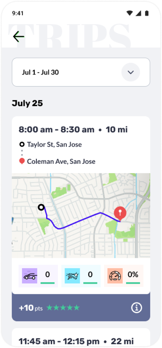 Novo Driver App Trips screen: a list of recent trips with route maps, distance, event counts, and points earned