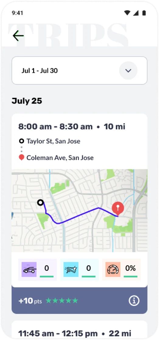 Novo Driver App Trips screen: a list of recent trips with route maps, distance, event counts, and points earned