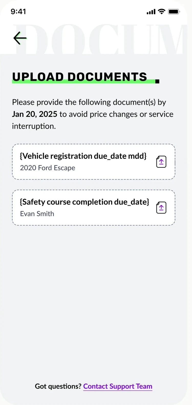 Upload documents screen listing the vehicle registration and a safety course certificate still needed.