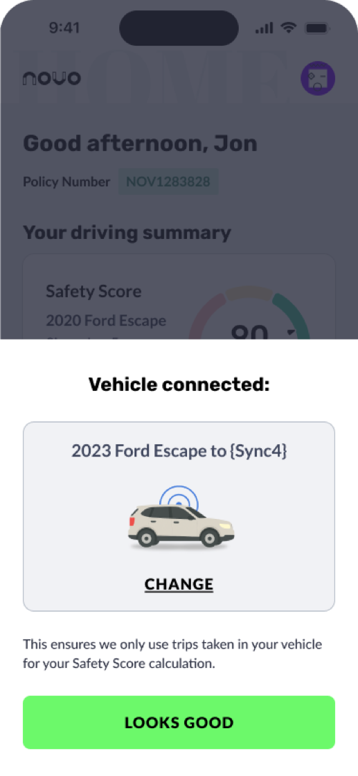 Novo Driver App screen: confirming the 2023 Ford Escape is connected so only trips taken in that vehicle count toward the Safety Score