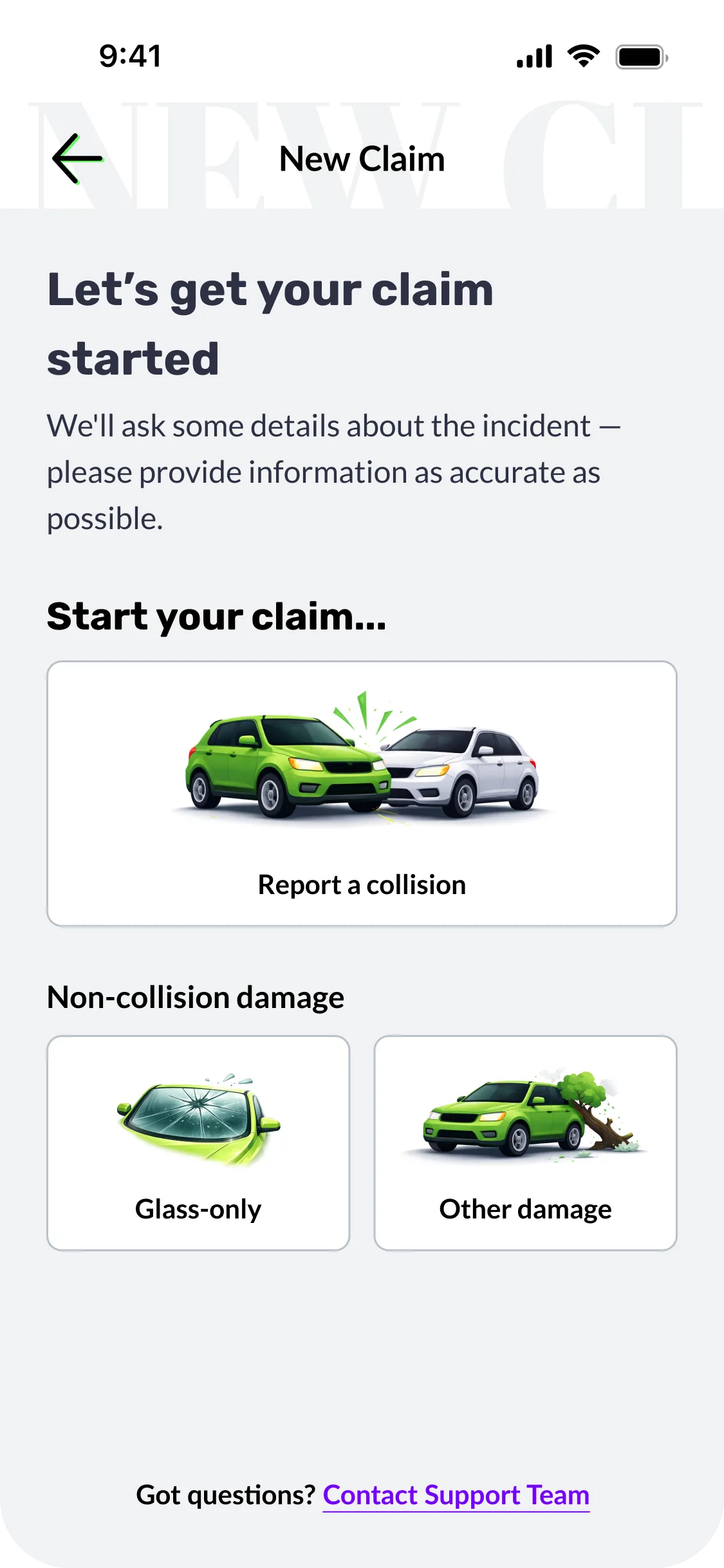 Novo Claims: the start of a new claim, offering Report a collision alongside glass-only and other non-collision damage, each with an illustration