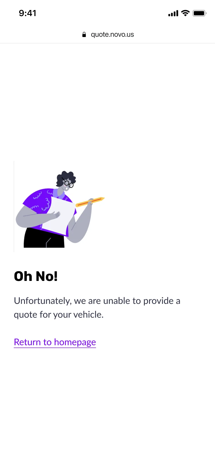 Oh No screen: Novo is unable to provide a quote for this vehicle, with a link back to the homepage.