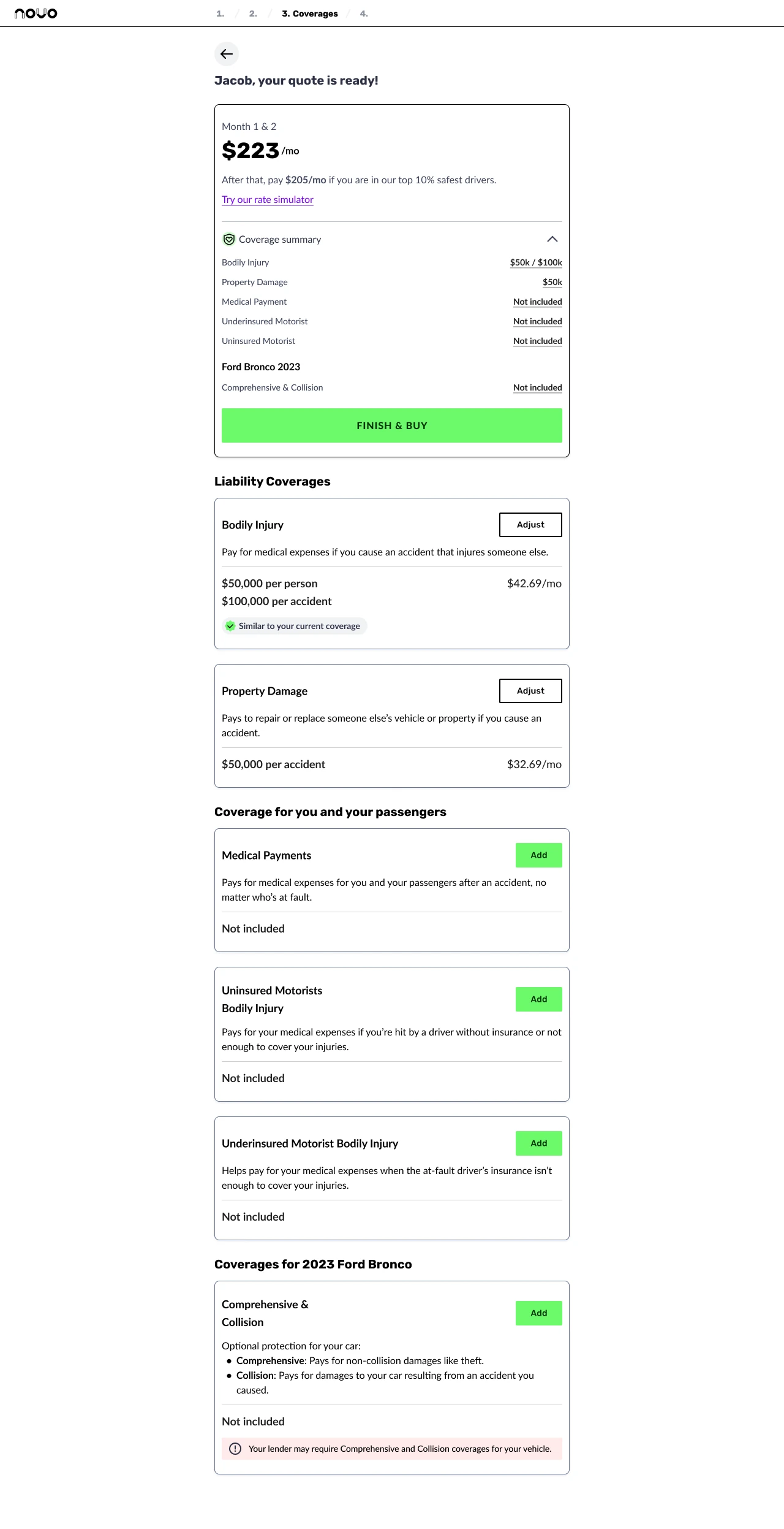 The quote and coverage selection screen on desktop: a $223 monthly quote with the coverage summary, then each coverage to adjust or add.