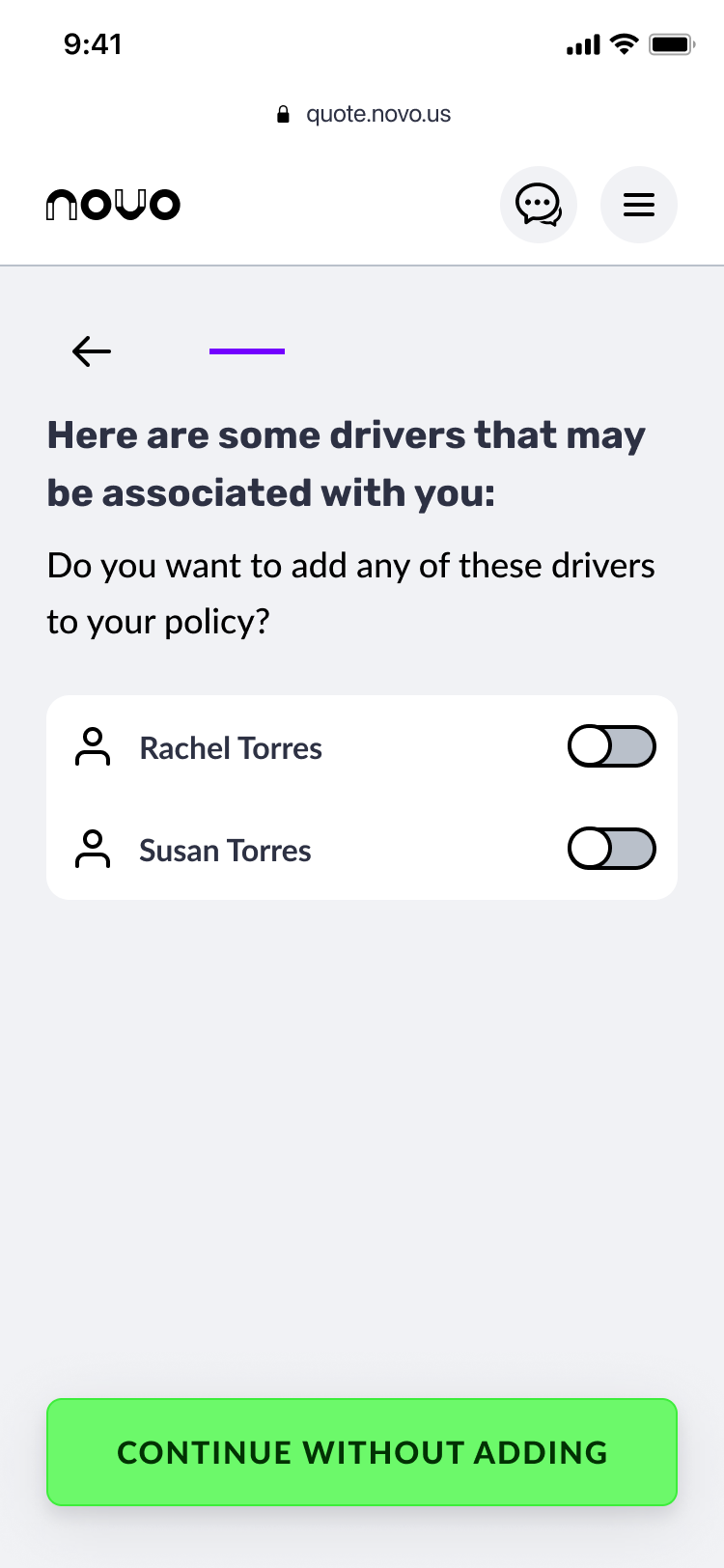Novo quote showing pre-filled drivers from background check
