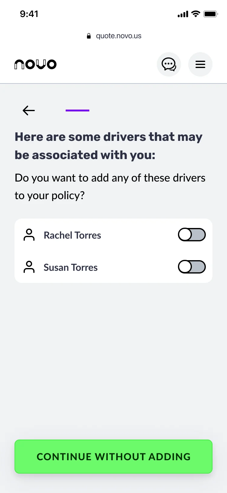 Drivers found in the background check, each with a toggle to add them.