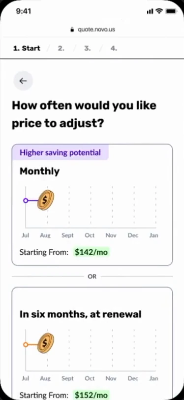 How often would you like price to adjust: monthly, or in six months at renewal.