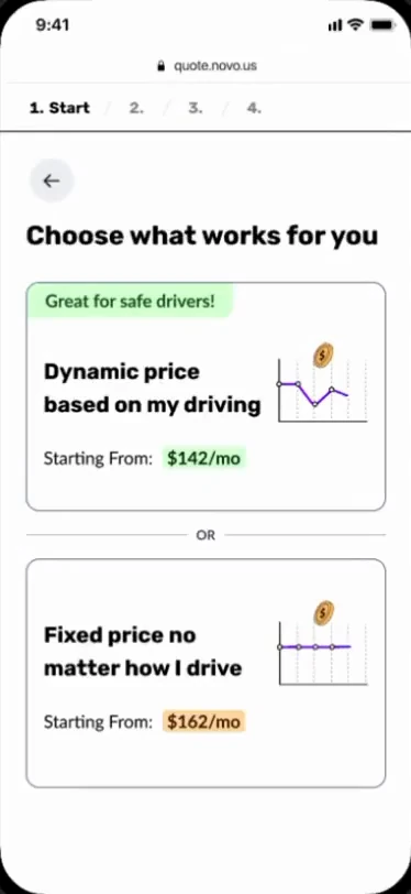 Choose what works for you: a price based on driving from $142 a month, or a fixed price from $162, each with a small chart.