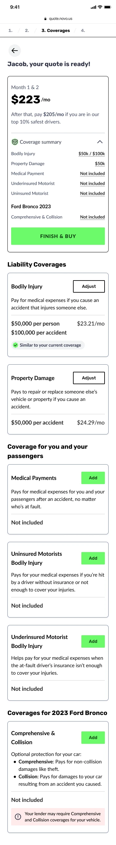 The same quote and coverage selection screen on a phone.