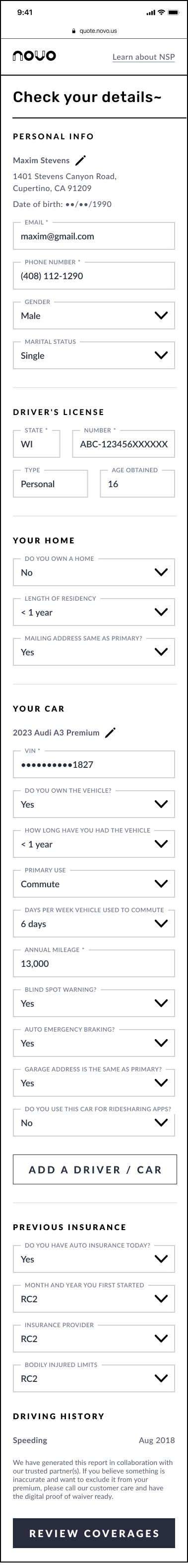 The previous Novo quote design on mobile: a single long scrolling form covering personal info, driver's license, home, vehicle, previous insurance, and driving history all on one page.