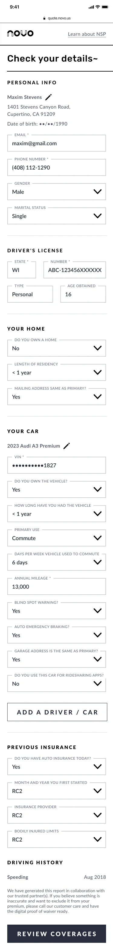 The previous Novo quote form on mobile: one long scrolling page covering personal info, driver's license, home, vehicle, previous insurance and driving history.