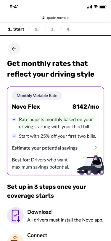 Plan choice screen showing Novo Flex at $142 a month.