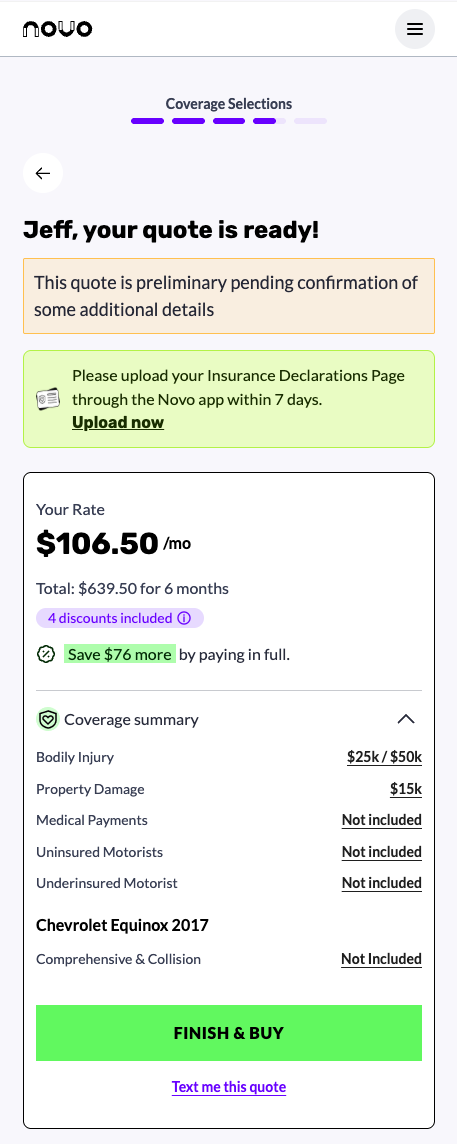 Novo quote rate screen showing $106.50/mo